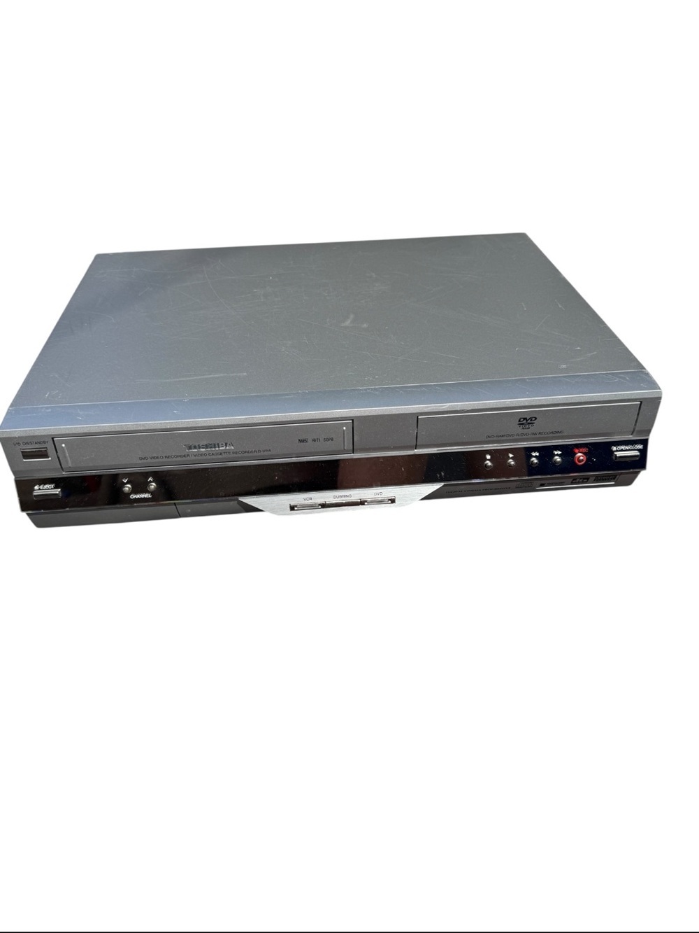 Toshiba silver and black DVD recorder rear panel with power cord
